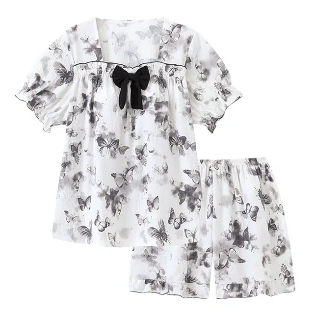 顶瓜瓜 带胸垫短袖短裤简约舒适蝴蝶家居服睡衣套装 女款 图片色