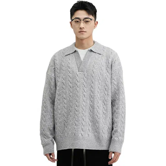 极限涡轮 麻花纹理翻领舒适百搭纯色休闲针织衫 男女同款