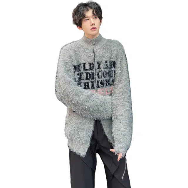 极限涡轮 美式街头复古潮牌字母宽松厚款提花开衫仿貂绒水貂双拉链慵懒风长袖针织衫 男女同款