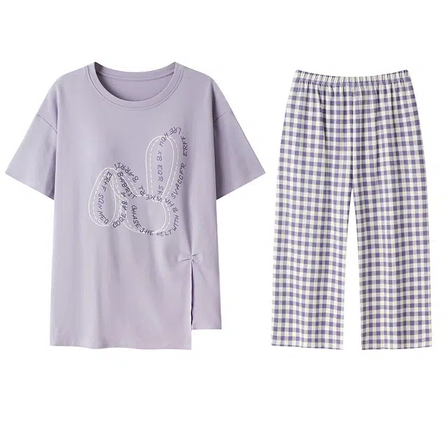 兰缪 纯棉简约可外穿带胸垫短袖七分裤薄款家居服睡衣套装 女款 图片色