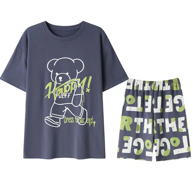 向薇 卡通图案字母纯棉圆领短袖大码家居服睡衣套装 男款 图片色