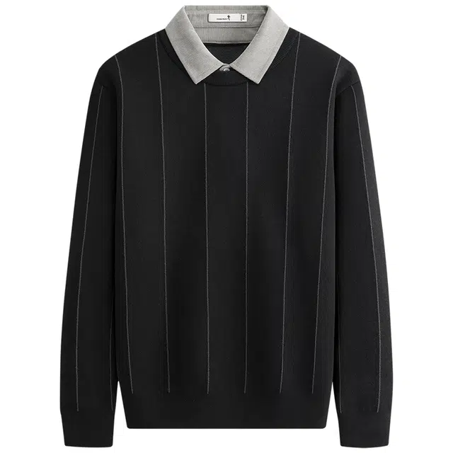 与狼共舞 加绒加厚保暖撞色条纹休闲百搭假两件翻领针织衫 男款 黑色