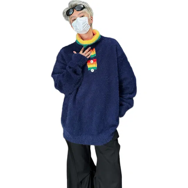 极限涡轮 港风街头复古撞色彩虹潮牌纯色厚款宽松休闲仿貂毛翻领打底长袖舒适百搭撞色复古高领休闲宽松舒适针织衫 男女同款