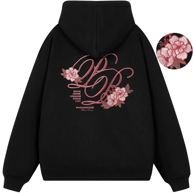 帕丁顿熊 白桃花音符字母高端万针刺绣纯色休闲宽松连帽重磅开衫卫衣 男女同款