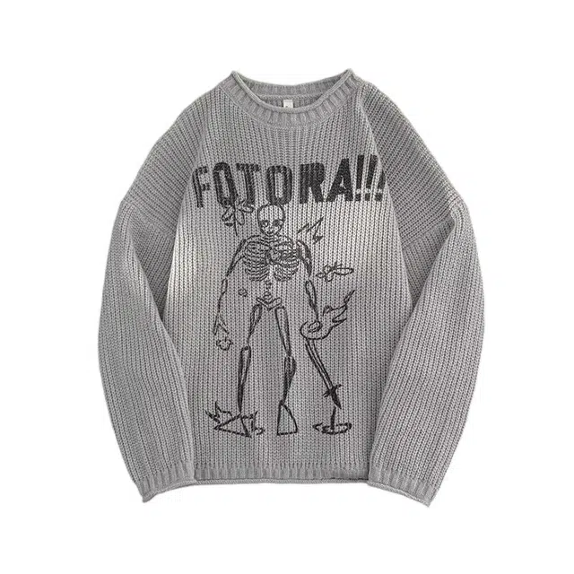 极限涡轮 复古骷髅印花卷边圆领慵懒风宽松百搭针织衫 男女同款