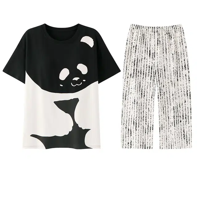 兰缪 纯棉短袖七分裤薄款可外穿家居服带胸垫睡衣套装 女款 图片色