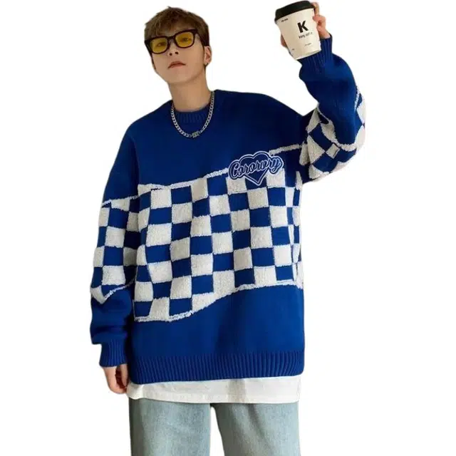 极限涡轮 格子高级感慵懒个性潮流舒适针织衫 男女同款