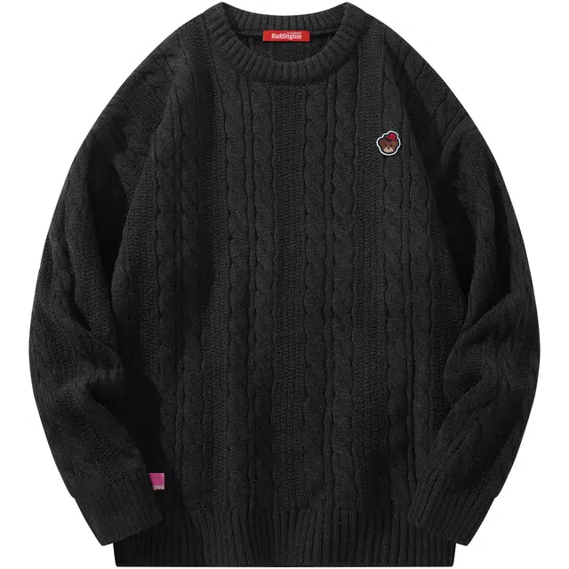 帕丁顿熊 简约小熊胸针纯色休闲慵懒风百搭打底麻花圆领宽松加厚保暖长袖针织衫 男女同款