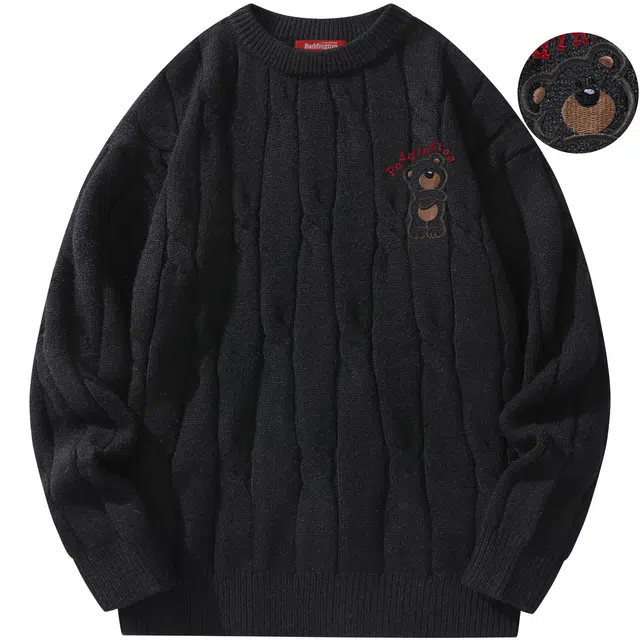 帕丁顿熊 可爱跳舞小熊万针刺绣纯色休闲百搭打底圆领麻花宽松加厚保暖针织衫 男女同款