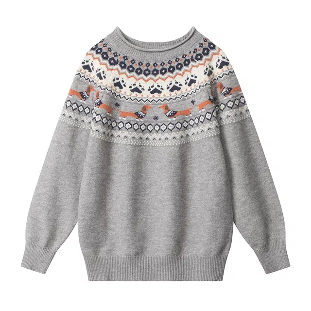 江南先生 美式复古费尔岛圣诞腊肠狗提花休闲保暖宽松毛衣针织衫 男女同款