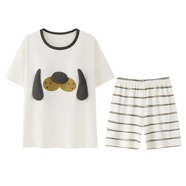 向薇 带胸垫一体纯棉圆领短袖条纹裤子睡衣套装 女款 图片色