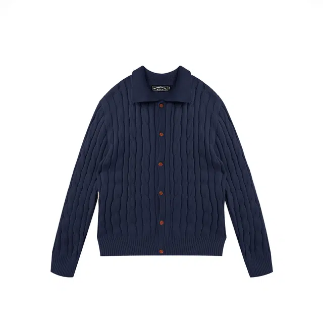 我是大卫 慵懒风麻花纹理感翻领开衫纯色宽松高级感韩系长袖针织衫 男女同款