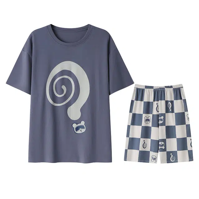 向薇 纯棉圆领短袖可外穿大码休闲家居服睡衣套装 男款 图片色