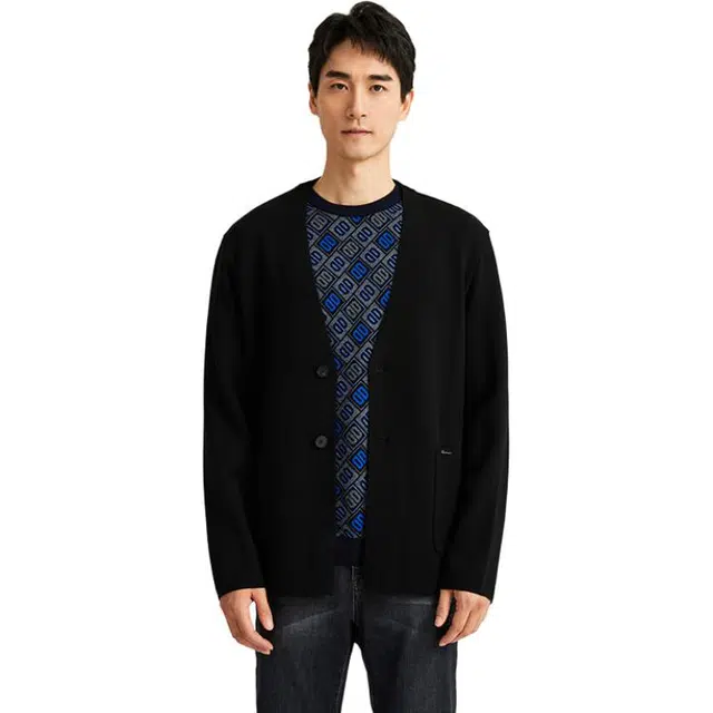 迪柯尼 纯色商务休闲单排扣针织衫 男款 黑色