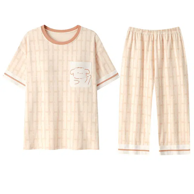 兰缪 纯棉短袖七分裤薄款带胸垫可外穿卡通简约家居服睡衣套装 女款 图片色