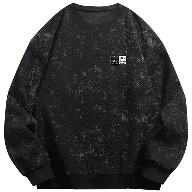 吾皇猫 美式复古基础款简约百搭卡通动漫时尚提花贴布设计舒适透气打底衫圆领套头扎染宽松针织衫 男女同款