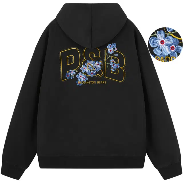 帕丁顿熊 蓝梅花字母万针刺绣宽松百搭休闲拉链针织重磅卫衣 男女同款