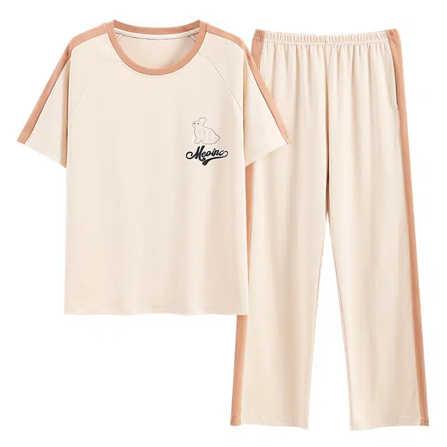 莫代尔 舒适亲肤圆领百搭轻柔短袖上衣家居服可外穿长裤睡衣套装 女款 杏色