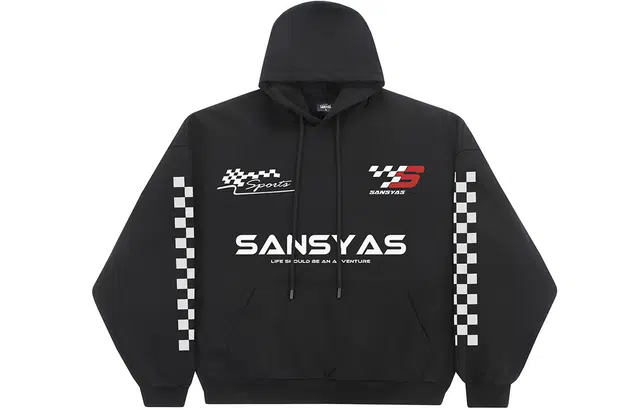 木村三社 赛车棋盘格元素印花宽松连帽卫衣 男女同款