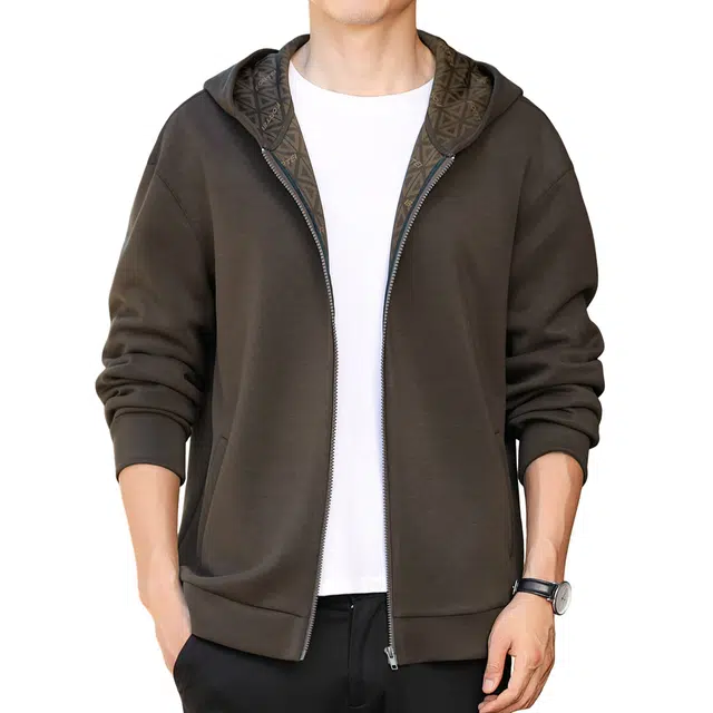 富铤 经典简约时尚印花百搭高密防风舒适保暖宽松拉链连帽长袖开衫卫衣 男款