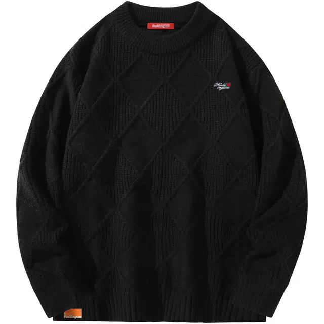 帕丁顿熊 玫瑰花胸针纯色宽松休闲棱形格慵懒风百搭宽松休闲加厚针织衫 男女同款