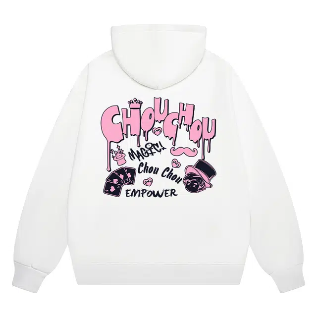 周同学 周杰伦动漫人物形象魔术扑克牌设计品牌印花美式高街潮牌多巴胺色系无性别主义舒适纯色重磅宽松休闲连帽卫衣 男女同款 白色