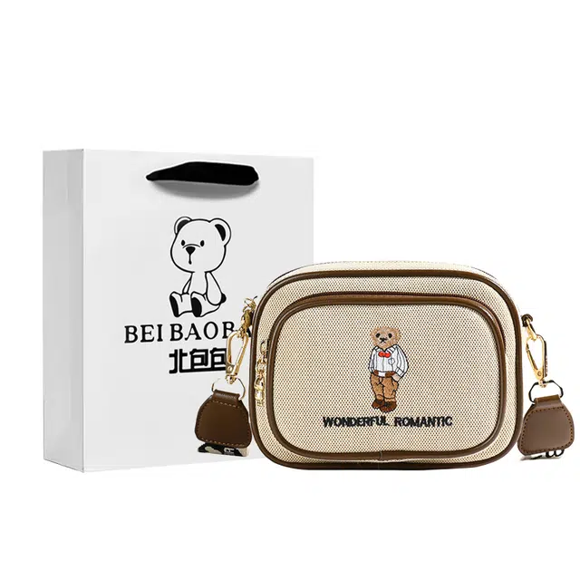 北包包 时尚百搭休闲卡通宽肩带小熊 帆布 单肩包 女款 多色