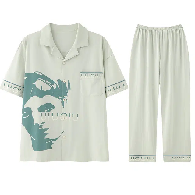 向薇 翻领开衫短袖长裤纯棉可外穿睡衣套装 男款 图片色