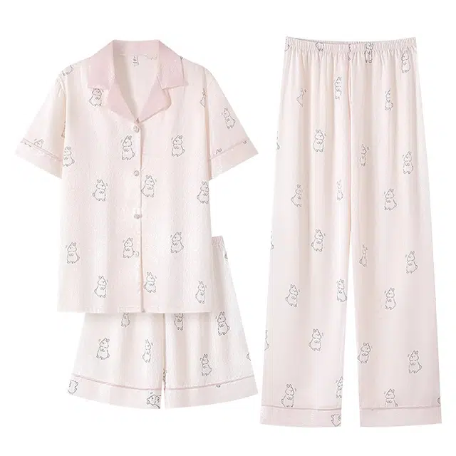 俏韵 翻领冰丝带胸垫短袖凉感高级感薄款家居服可外穿睡衣套装 女款 粉色