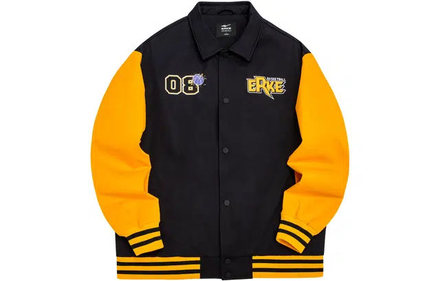 鸿星尔克 撞色条纹数字字母印花休闲保暖夹克 男款 正黑/镉黄色