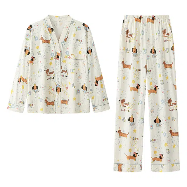 宫蝶 腊肠狗云朵棉长袖柔软家居卡通满印休闲开衫可外穿睡衣套装 女款 杏色