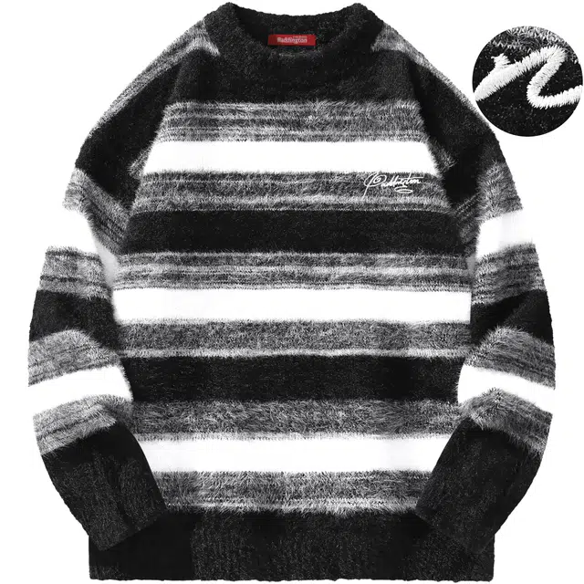 帕丁顿熊 手写花体字母万针刺绣渐变条纹拼接休闲慵懒风百搭打底毛衣宽松仿马海毛加厚保暖长袖针织衫 男女同款