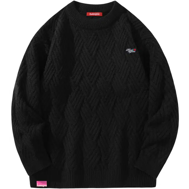 帕丁顿熊 玫瑰花胸针纯色宽松休闲棱形格慵懒风毛衣百搭潮流宽松休闲加厚长袖针织衫 男女同款