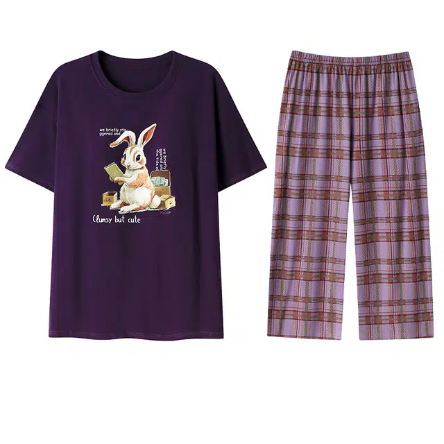 兰缪 纯棉带胸垫薄款短袖七分裤可外穿家居服睡衣套装 女款 图片色