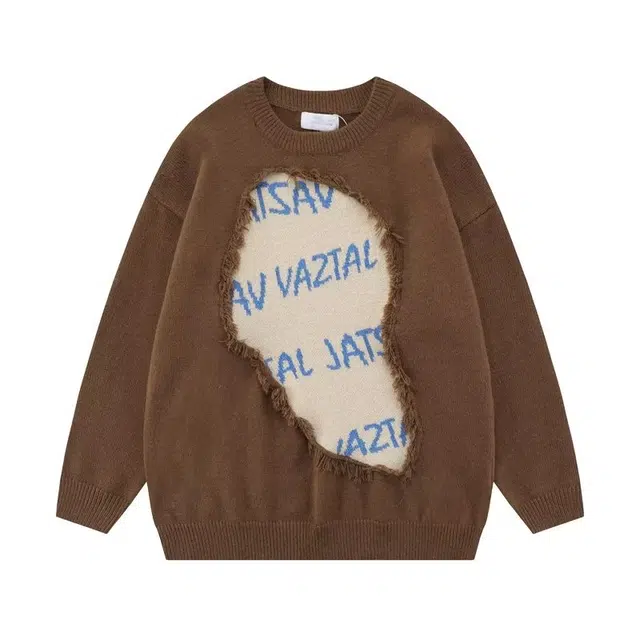 极限涡轮 时尚撞色拼接破洞字母慵懒感打底衫宽松针织衫 男女同款 咖啡色