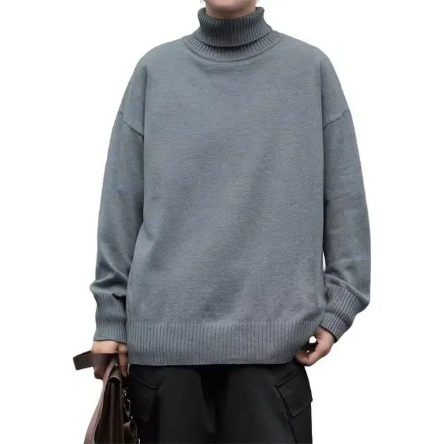 玉儿恋 高领宽松纯色休闲针织衫 男款