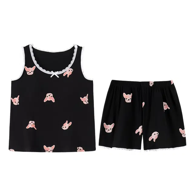 顶瓜瓜 吊带性感卡通法斗犬圆领无袖带胸垫家居服睡衣套装 女款 图片色