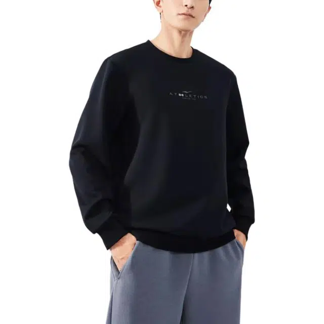 鸿星尔克 综训系列 舒适休闲字母印花重磅圆领套头卫衣 男款 正黑