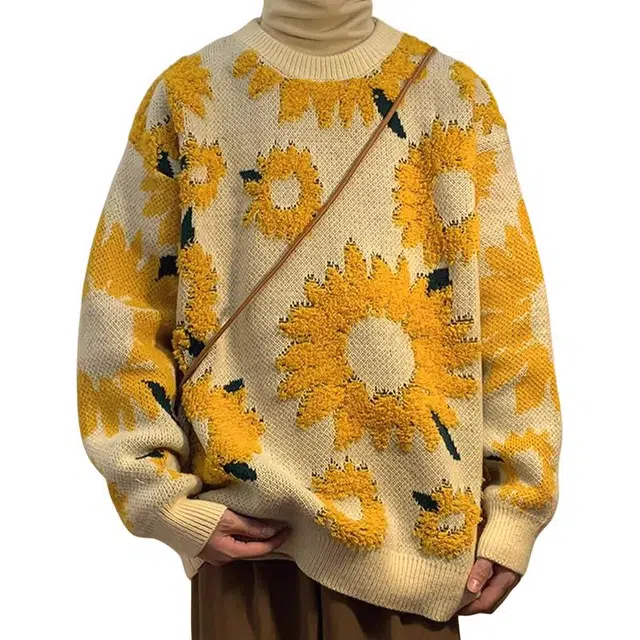 美式复古向日葵拼接长袖宽松舒适百搭款针织衫 男女同款