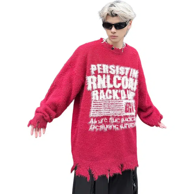 极限涡轮 美式复古慵懒风宽松厚款字母毛边破洞剪破嘻哈街头宽松刺绣潮牌长袖宽松设计高街风格休闲时尚百搭针织衫 男女同款