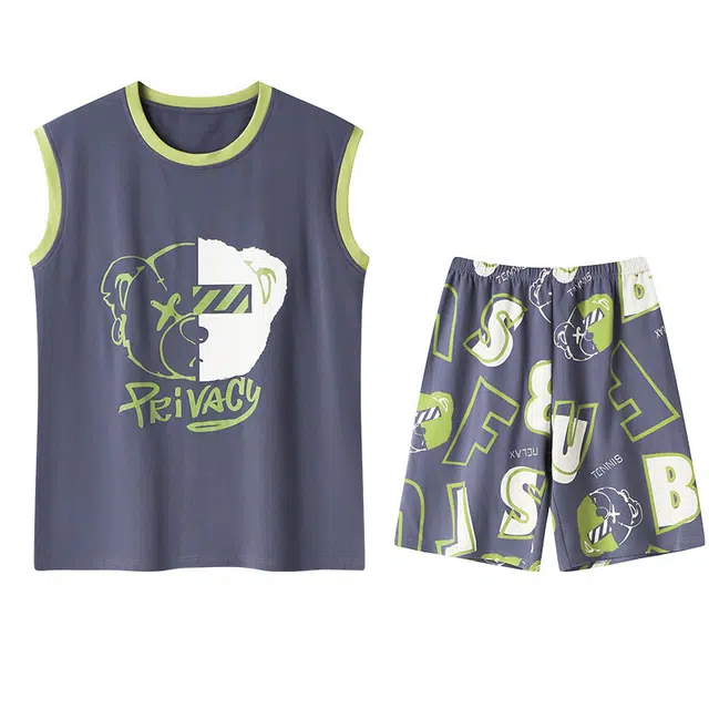 向薇 圆领背心纯棉无袖凉感可外穿家居服睡衣套装 男款 图片色