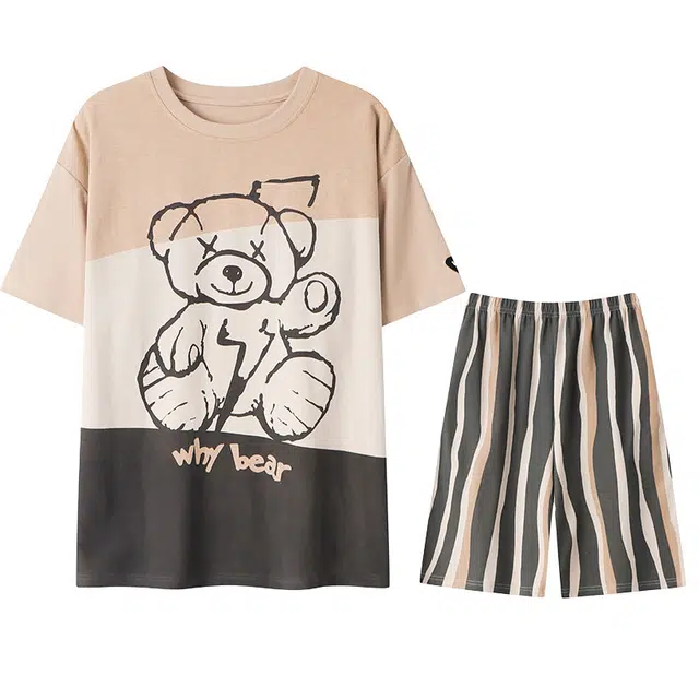 向薇 纯棉卡通撞色圆领短袖大码家居服睡衣套装 男款 图片色