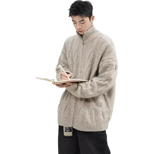 极限涡轮 纯色麻花高街慵懒风开衫毛衣舒适百搭时尚宽松外套针织衫 男女同款