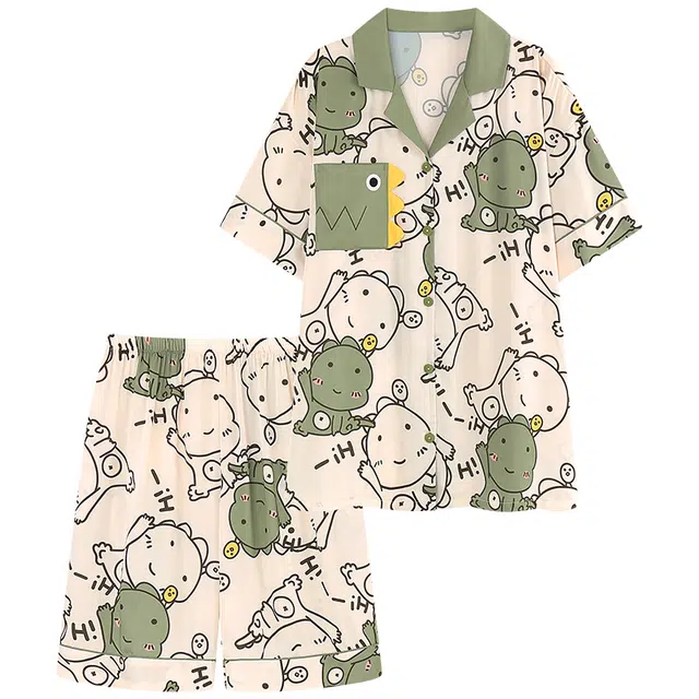 乐姿韵 可爱恐龙卡通翻领亲肤短袖透气青少年舒适家居服睡衣套装 男款 绿色