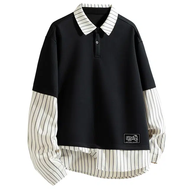 吾皇猫 学院风美式复古基础款简约百搭条纹内搭打底衫拼接翻领套头舒适透气针织衫 男女同款