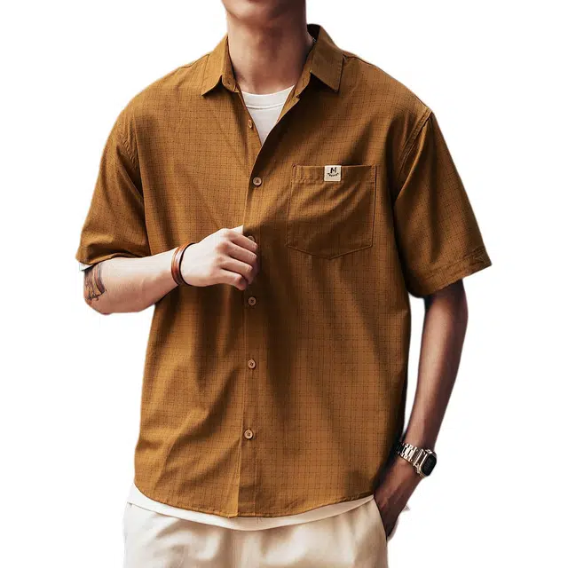 格蓝鹿 潮牌休闲美式舒适百搭时尚宽松简约适中字母格子翻领常规纽扣短袖衬衫 男款