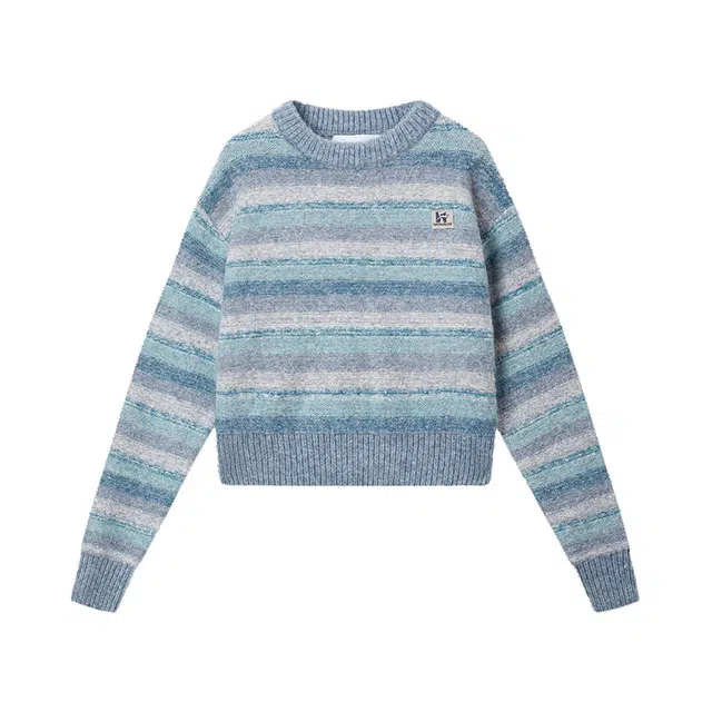 江南先生 美式复古北极绒渐变条纹圆领保暖毛衣针织衫 男女同款