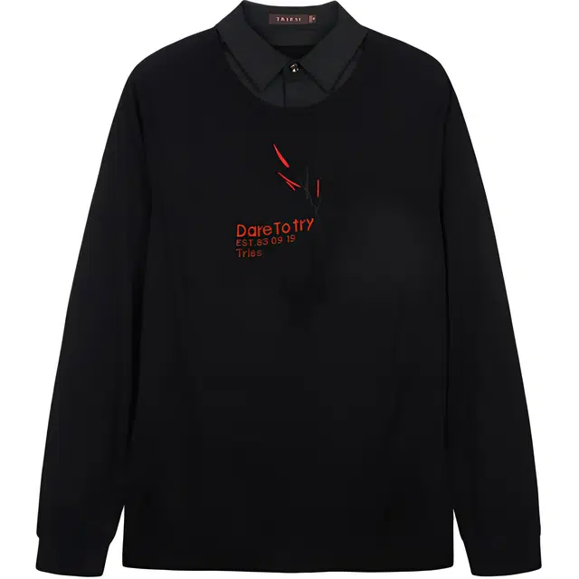 才子 假两件翻领字母商务休闲长袖针织衫 男款 黑色