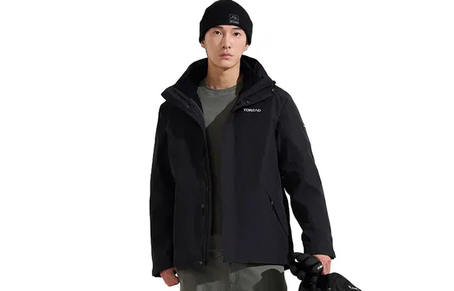 探路者 字母印花防风保暖防水三合一抓绒冲锋衣 男款 黑色