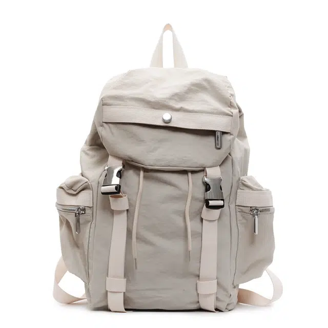 單倉 时尚日系街头潮流慵懒风学生百搭大容量多口袋轻便 布 书包背包双肩包 常规 男女同款情侣款 米白色/灰色/卡其色/黑色